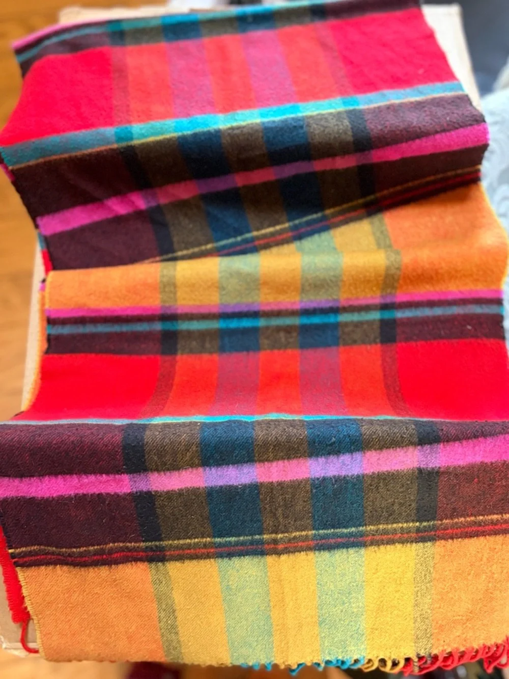 Bright Plaid Fringe Scarf Multicolor Tartan 15”x64”